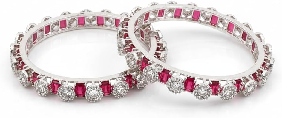 1466-Pretty Precious Rodhium-Plated Cubic Zirconia/American Diamond Traditional Bangles/Bracelet Set of 2 for Women and Girls -White (Size 2.6)