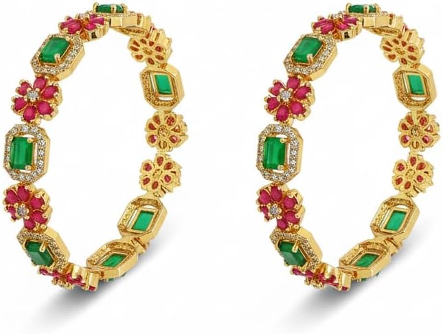 1490-Pretty Precious Gold Plated Cubic Zirconia/American Diamond Traditional Bangles/Bracelet Set of 2 for Women and Girls- Ruby Green (Size 2.6)