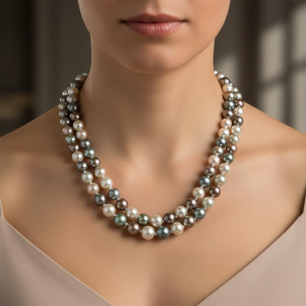 BC52558-Pretty Precious Multi-Strand Pearl Necklace, Double Layer Graduated Design, Multicolour Beaded with Lobster Clasp