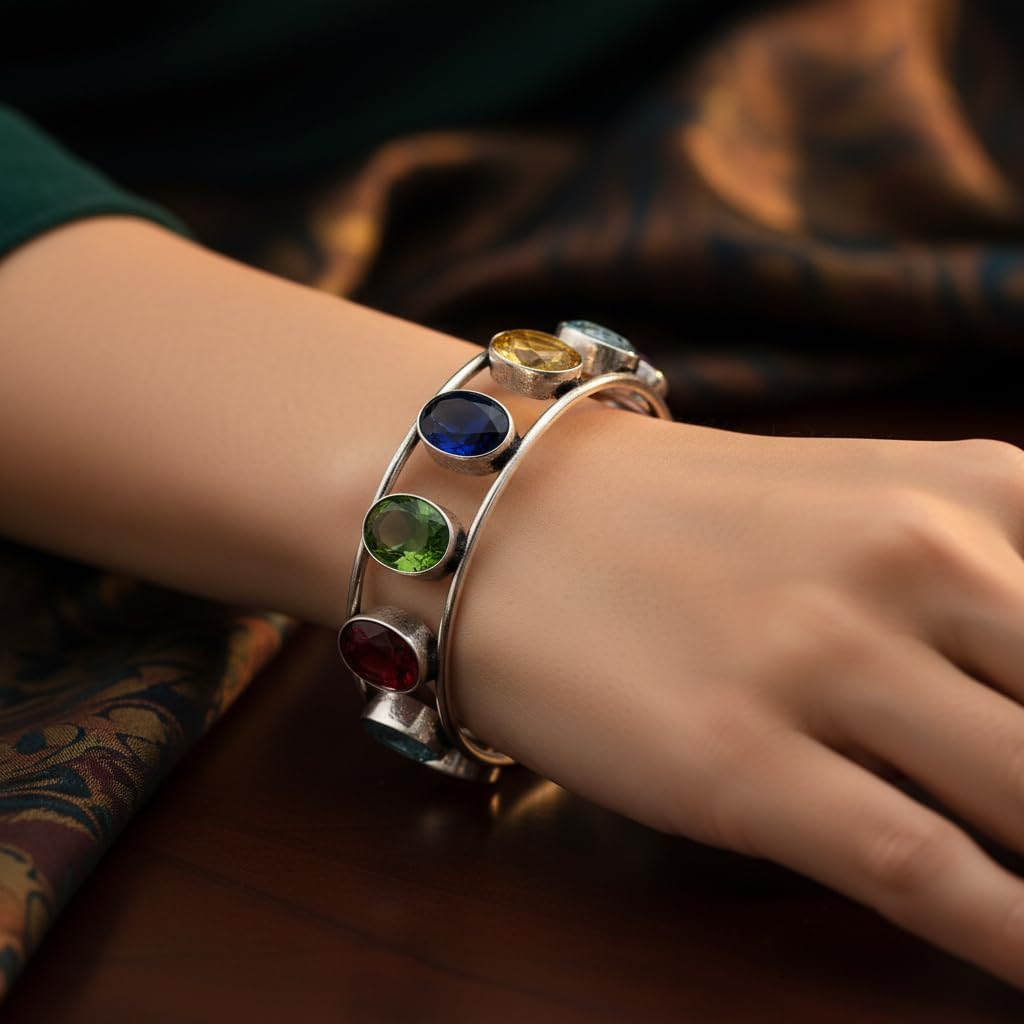 1505-Pretty Precious Multicolour Gemstone Cuff Bracelet, Silver Metal, Open Design, Oval Stones, Adjustable