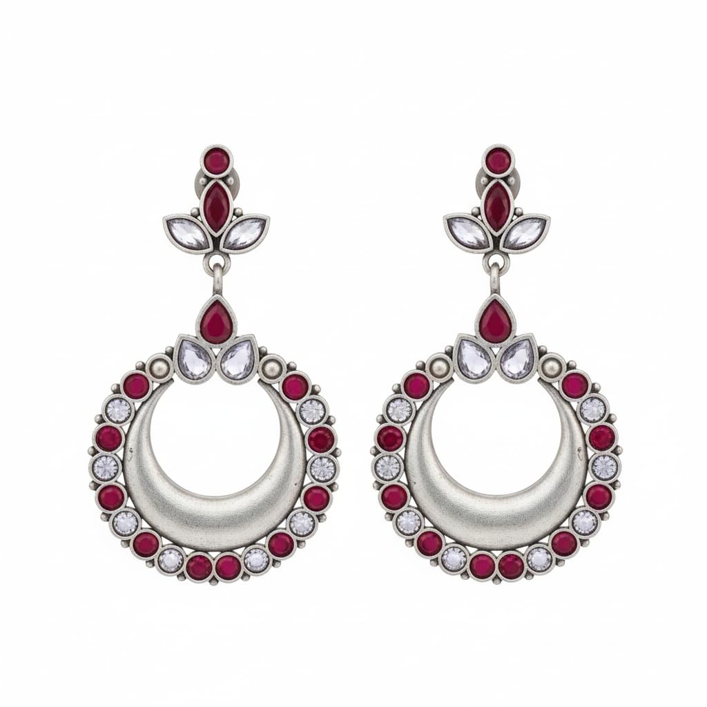 1535-Pretty Precious Oxidised Silver Stylish Party Wear Earrings for Women and Girls-Blue & Ruby White
