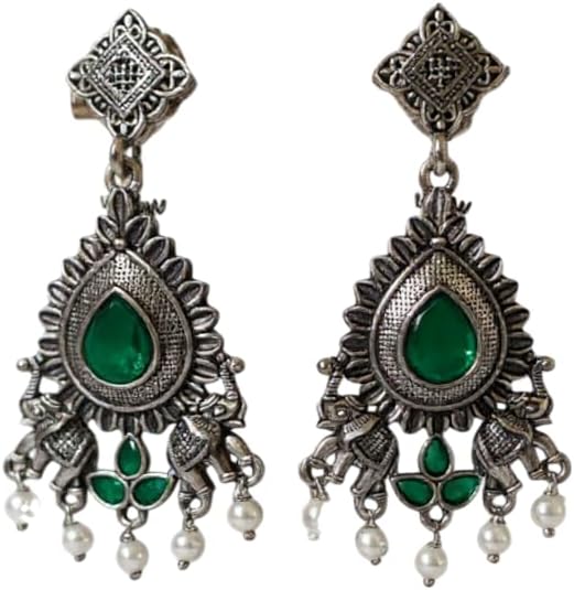 1359-Pretty Precious Oxidised Silver Stylish Party Wear Earrings for Women and Girls-Green Colour
