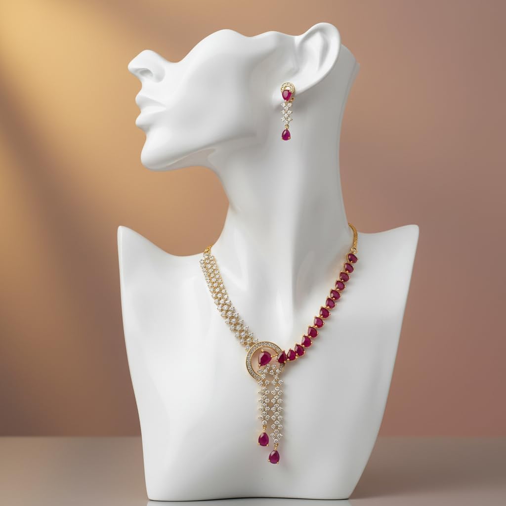 1404-Pretty Precious AD Necklace Set for Women | Two Tone American Diamond Necklace & Earrings Set | Party, Wedding & Festive Jewellery-Ruby Colour