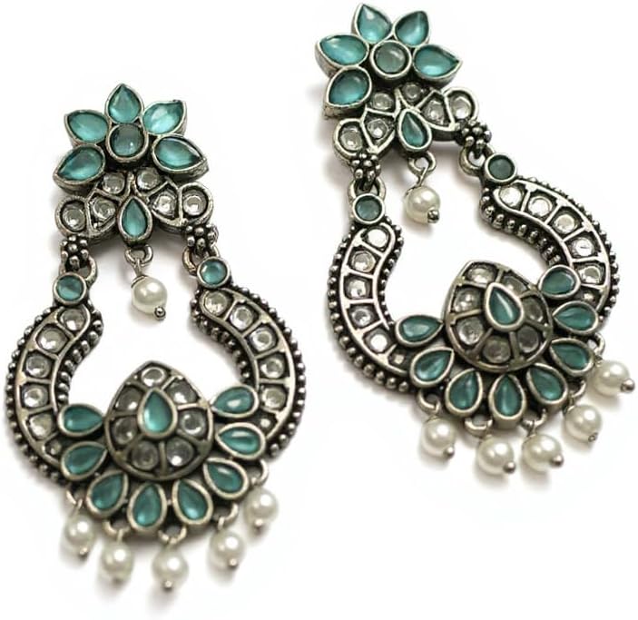 1345-Pretty Precious Oxidised Silver Stylish Party Wear Earrings for Women and Girls-Mint Colour