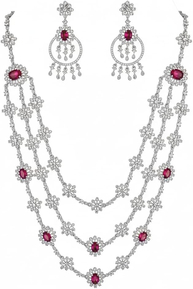 1399-Pretty Precious AD Necklace Set for Women | Rhodium Plated American Diamond Necklace & Earrings Set | Party, Wedding & Festive Jewellery-Ruby Colour