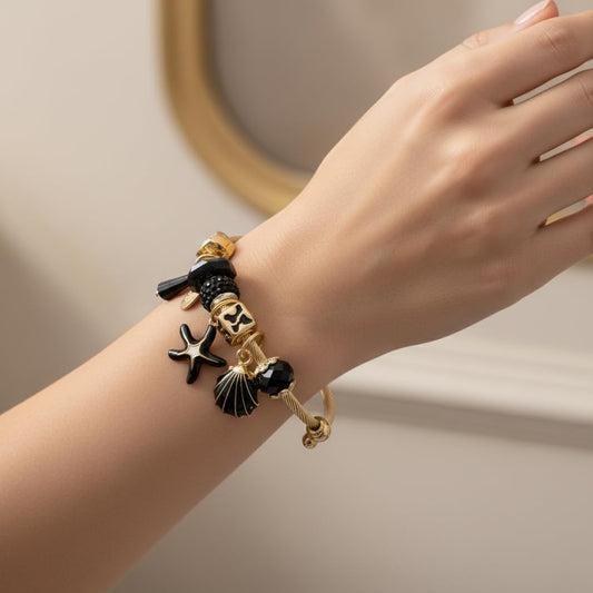 BC26141-Gold Tone Cable Bangle Bracelet with Beach Theme Charms, Seashell Starfish Flip Flop Dangles, Assorted Colours and Designs