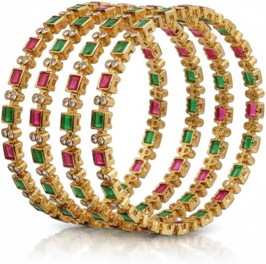 1492-Pretty Precious Gold Plated Cubic Zirconia/American Diamond Traditional Bangles/Bracelet Set of 4 for Women and Girls- Ruby Green (Size 2.8)