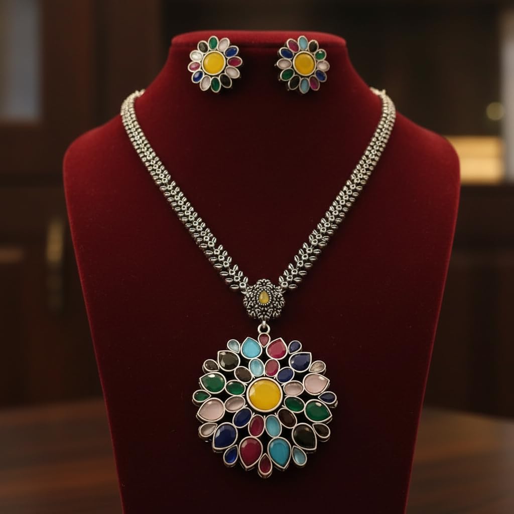 1545-Pretty Precious Latest Stylish Traditional Oxidised Silver Necklace Jewellery Set for Women | Antique Finish Ethnic Necklace with Matching Earrings | Festive & Party Wear-Multi Colour