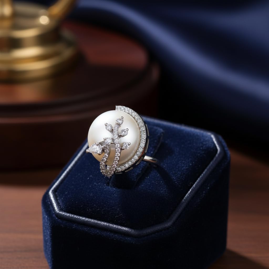 442408-Pretty Precious Pearl & American Diamond Adjustable Ring for Women | Silver Tone Statement Finger Ring | Elegant Party & Wedding Jewellery-Silver with Pearl