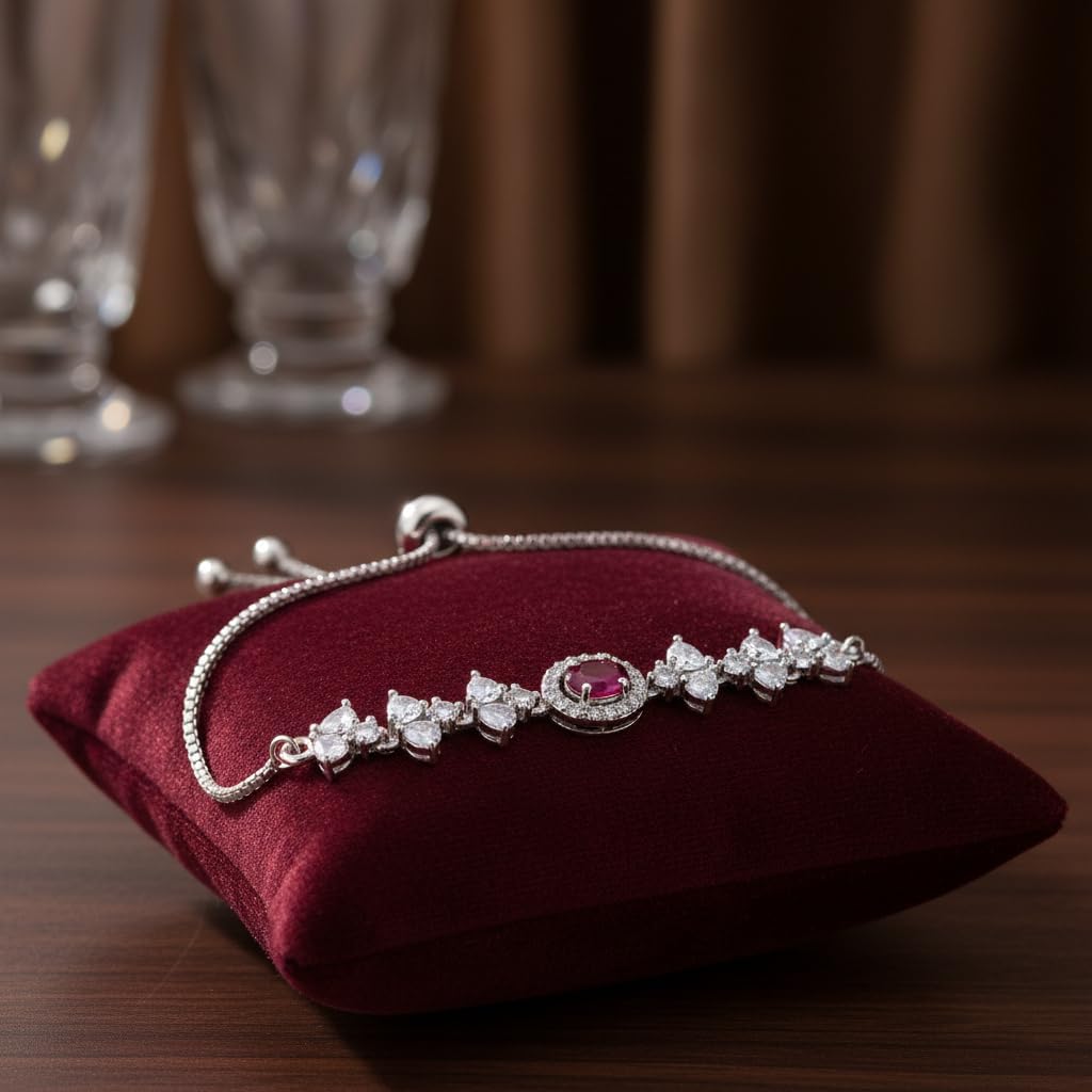 441062-Pretty Precious Adjustable chain Bracelet Cubic Zircon/American Diamond Rohdium Plated for Women and Girls-Ruby colour