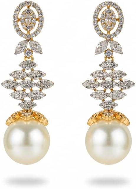 437572-Pretty Precious Two Tone Plated American Diamond Earrings for Women & Girls | AD Cubic Zirconia Stud Earrings | Gold & Silver Tone Elegant Jewellery | Party & Wedding Wear-White with Pearl