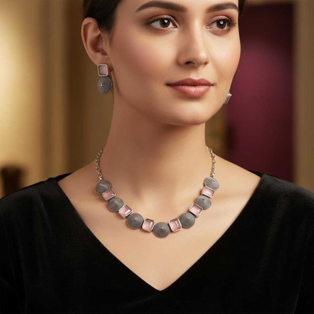 801221-Pretty Precious Latest Stylish Traditional Oxidised Silver Necklace Jewellery Set for Women | Antique Finish Ethnic Necklace with Matching Earrings | Festive & Party Wear-Pink Colour