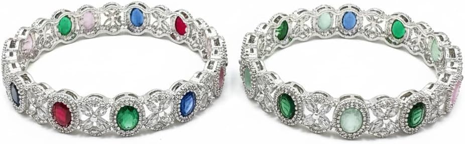 1468-Pretty Precious Rodhium-Plated Cubic Zirconia/American Diamond Traditional Bangles/Bracelet Set of 2 for Women and Girls -Multicolour (Size 2.8)