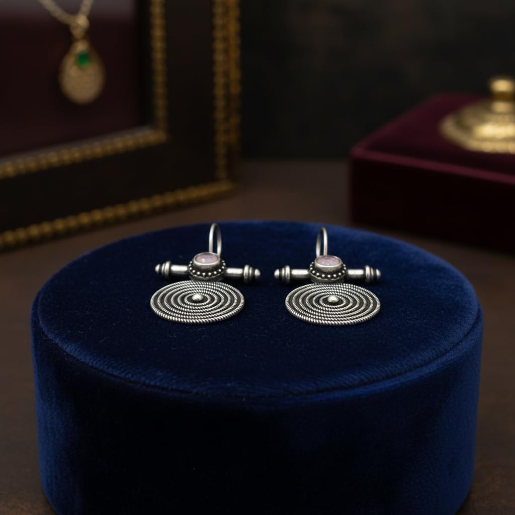 1539-Pretty Precious Oxidised Silver Stylish Party Wear Earrings for Women and Girls-Pink Stone