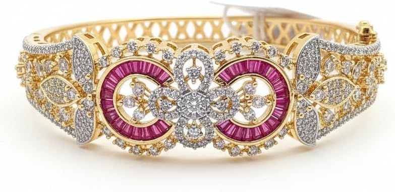 1432-Pretty Precious American Diamond Openable Kada Bracelet for Women, Gold & Silver Plating, Cubic Zirconia, One Size, Party & Wedding-Ruby