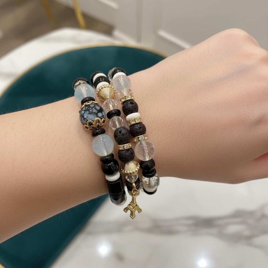 BC26154-Pretty Precious Boho Stackable Beaded Bracelet Set – Elastic Bracelets for Women – Coastal Inspired – Adjustable Handmade Beaded Bracelet (4-Piece Set)-Assorted Colour (Black-White)