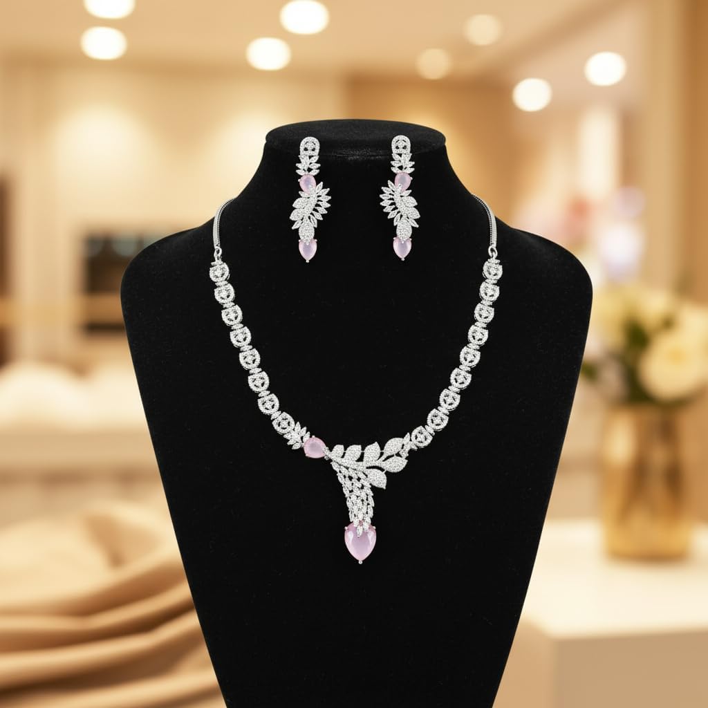1402-Pretty Precious AD Necklace Set for Women | Rhodium Plated American Diamond Necklace & Earrings Set | Party, Wedding & Festive Jewellery-Pink Colour