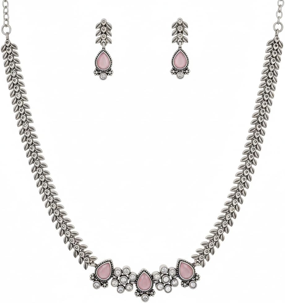 1549-Pretty Precious Latest Stylish Traditional Oxidised Silver Necklace Jewellery Set for Women | Antique Finish Ethnic Necklace with Matching Earrings | Festive & Party Wear-Pink Colour