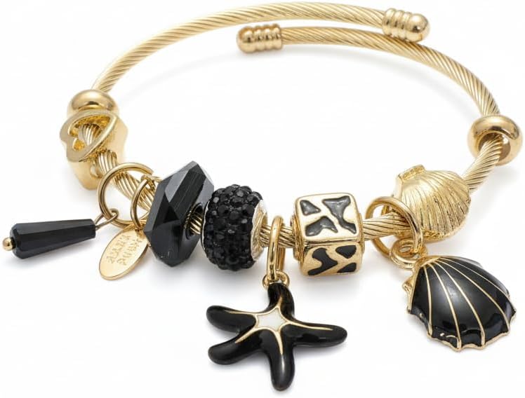 BC26141-Gold Tone Cable Bangle Bracelet with Beach Theme Charms, Seashell Starfish Flip Flop Dangles, Assorted Colours and Designs