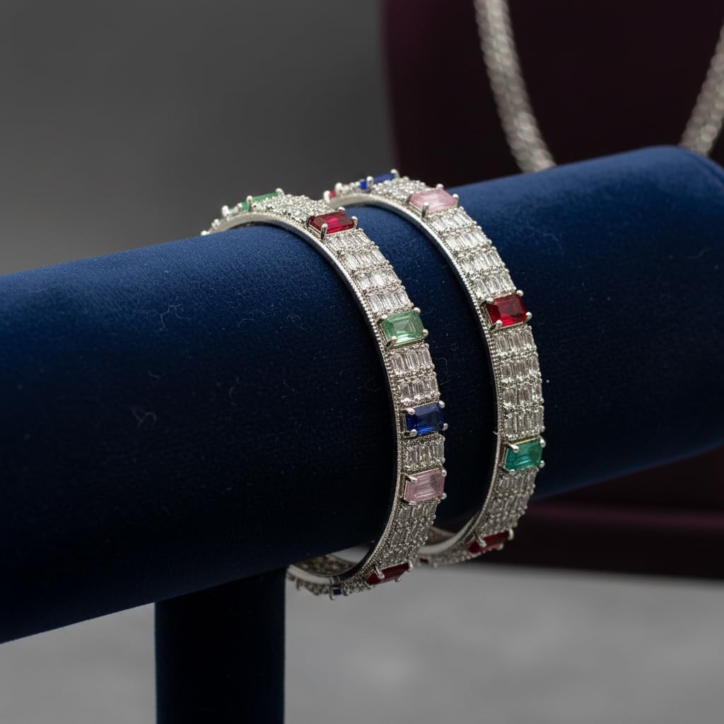 1461-Pretty Precious Rodhium-Plated Cubic Zirconia/American Diamond Traditional Bangles/Bracelet Set of 2 for Women and Girls -Multicolour (Size 2.4)