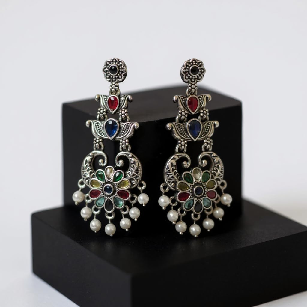 1349-Pretty Precious Oxidised Silver Stylish Party Wear Earrings for Women and Girls-Multicolour