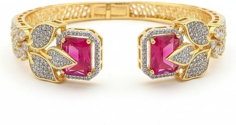 1414-Pretty Precious American Diamond Openable Kada Bracelet for Women, Gold & Silver Plating, Cubic Zirconia, One Size, Party & Wedding-Ruby