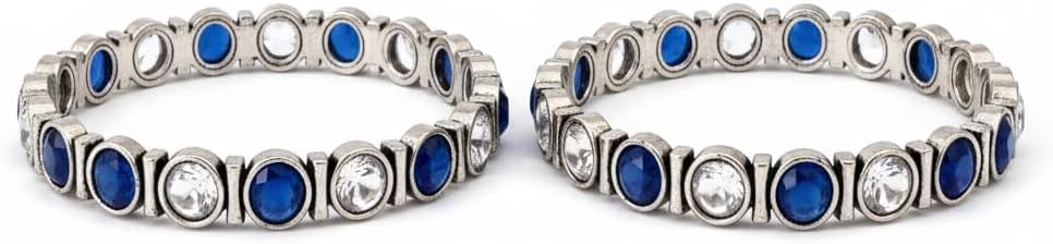 1506-Pretty Precious Bezel Set Bangles with Blue and Clear Stones, Silver Tone Metal, Pair of 2, Alternating Pattern Design-Size 2.6