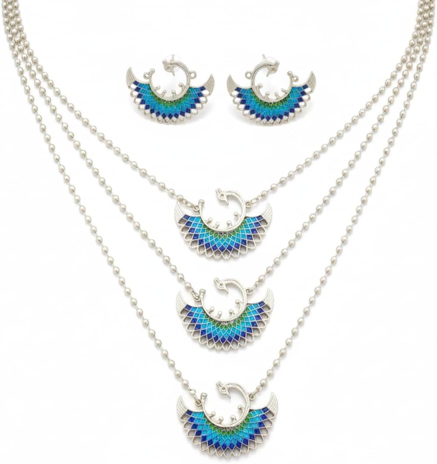 1556-Pretty Precious Latest Stylish Traditional Oxidised Silver Necklace Jewellery Set for Women | Antique Finish Ethnic Necklace with Matching Earrings | Festive & Party Wear-Aqua with Blue