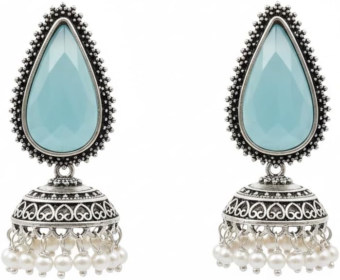 1532-Pretty Precious Oxidised Silver Stylish Party Wear Earrings for Women and Girls-Aqua & Green