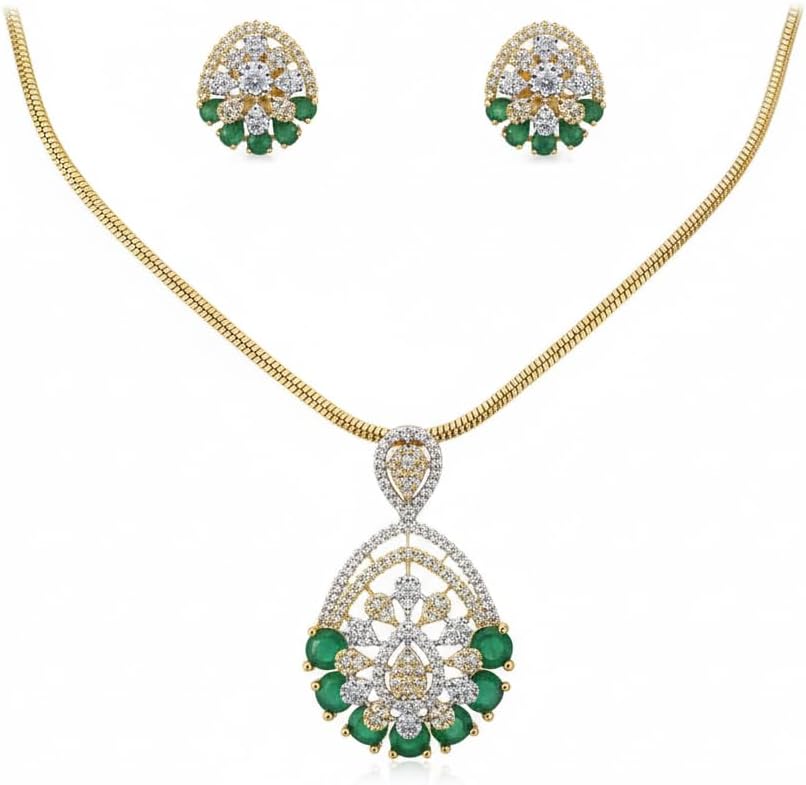 1397-Pretty Precious AD Two Tone Pendant Set for Women | American Diamond Pendant with Earrings & Chain | Elegant Party, Wedding & Daily Wear Jewellery-Green