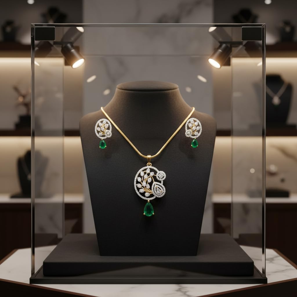 1387-Pretty Precious AD Two Tone Pendant Set for Women | American Diamond Pendant with Earrings & Chain | Elegant Party, Wedding & Daily Wear Jewellery-Green