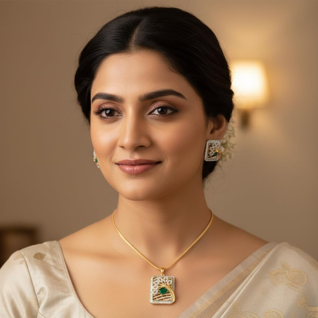 1385-Pretty Precious AD Two Tone Pendant Set for Women, American Diamond with Earrings and Chain, Party Wedding Daily Wear Jewellery-Green