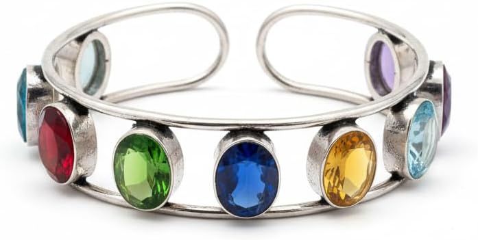 1505-Pretty Precious Multicolour Gemstone Cuff Bracelet, Silver Metal, Open Design, Oval Stones, Adjustable