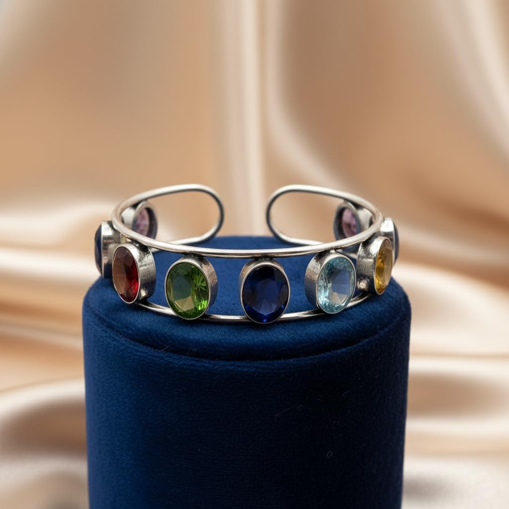 1505-Pretty Precious Multicolour Gemstone Cuff Bracelet, Silver Metal, Open Design, Oval Stones, Adjustable