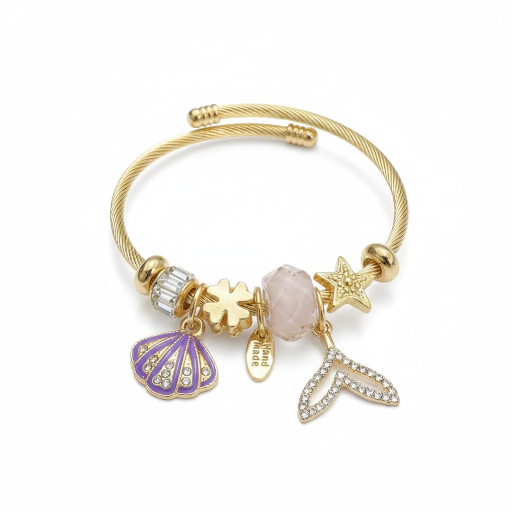 BC26141-Gold Tone Cable Bangle Bracelet with Beach Theme Charms, Seashell Starfish Flip Flop Dangles, Assorted Colours and Designs