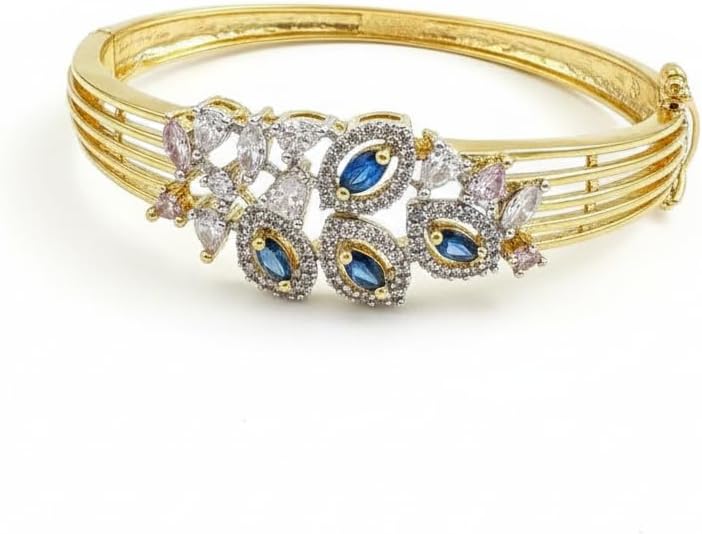 1430-Pretty Precious American Diamond Openable Kada Bracelet for Women, Gold & Silver Plating, Cubic Zirconia, One Size, Party & Wedding-Blue