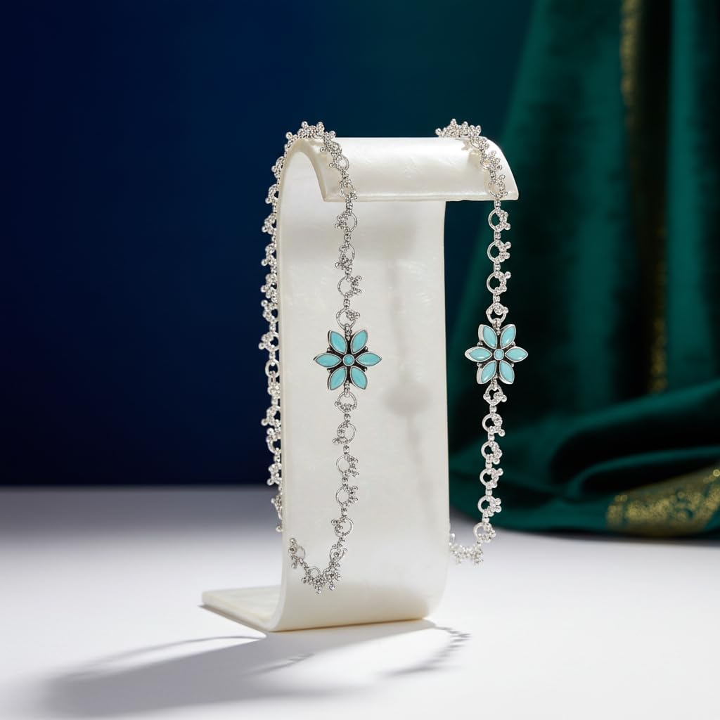 1515-Pretty Precious Oxidised Silver Anklet with Stone Embellishments, Twisted Chain Design, Decorative Clasp-Aqua Colour