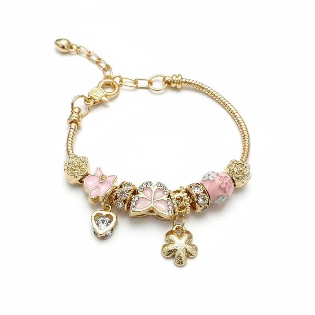 BC26141-Pretty Precious Gold Charm Bracelet with Flowers, Heart, Clover Charms, Snake Chain, Crystal Accents-Different Designs