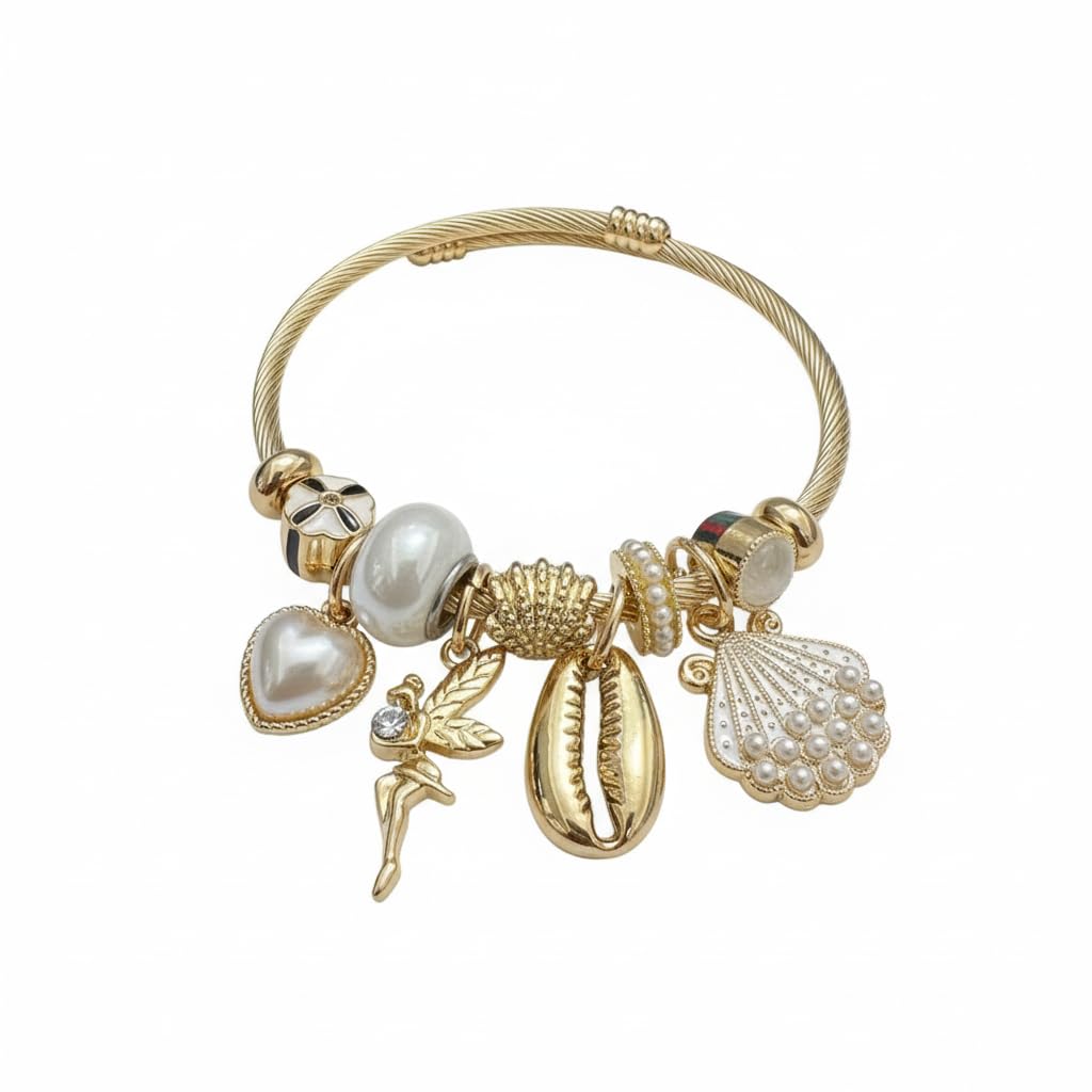 BC26141-Gold Tone Cable Bangle Bracelet with Beach Theme Charms, Seashell Starfish Flip Flop Dangles, Assorted Colours and Designs