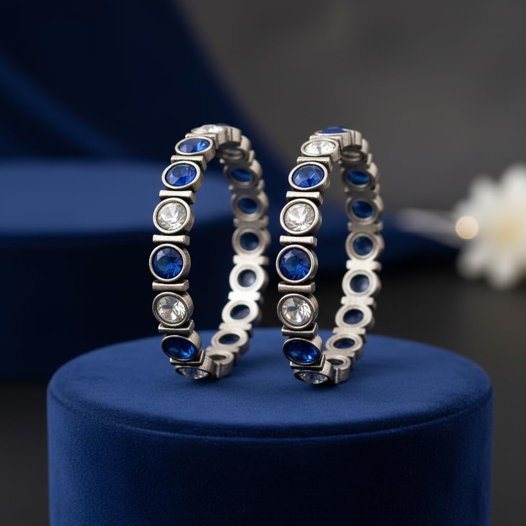 1506-Pretty Precious Bezel Set Bangles with Blue and Clear Stones, Silver Tone Metal, Pair of 2, Alternating Pattern Design-Size 2.6