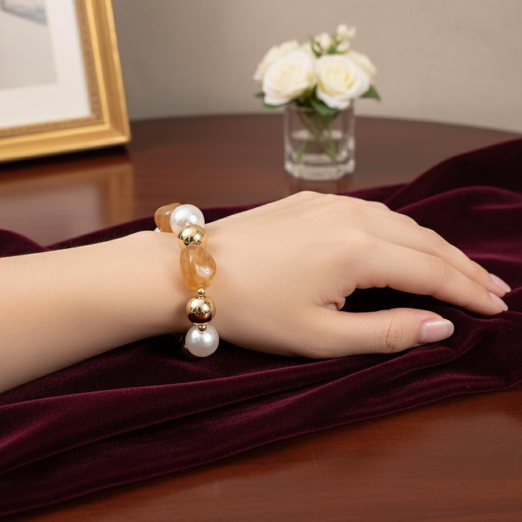 BC2584-Pretty Precious Natural Stone & Pearl Beaded Bracelet for Women | Stretchable Elastic Statement Bracelet | Handmade Fashion Jewellery | Brown-White-Golden
