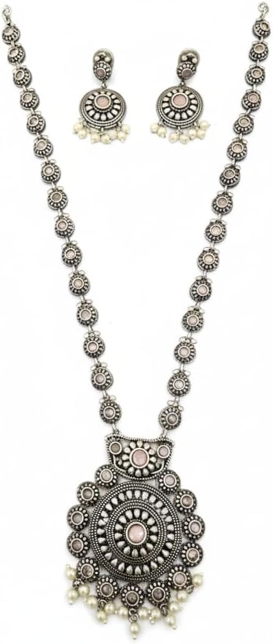1561-Pretty Precious Latest Stylish Traditional Oxidised Silver Necklace Jewellery Set for Women | Antique Finish Ethnic Necklace with Matching Earrings | Festive & Party Wear-Pink Colour