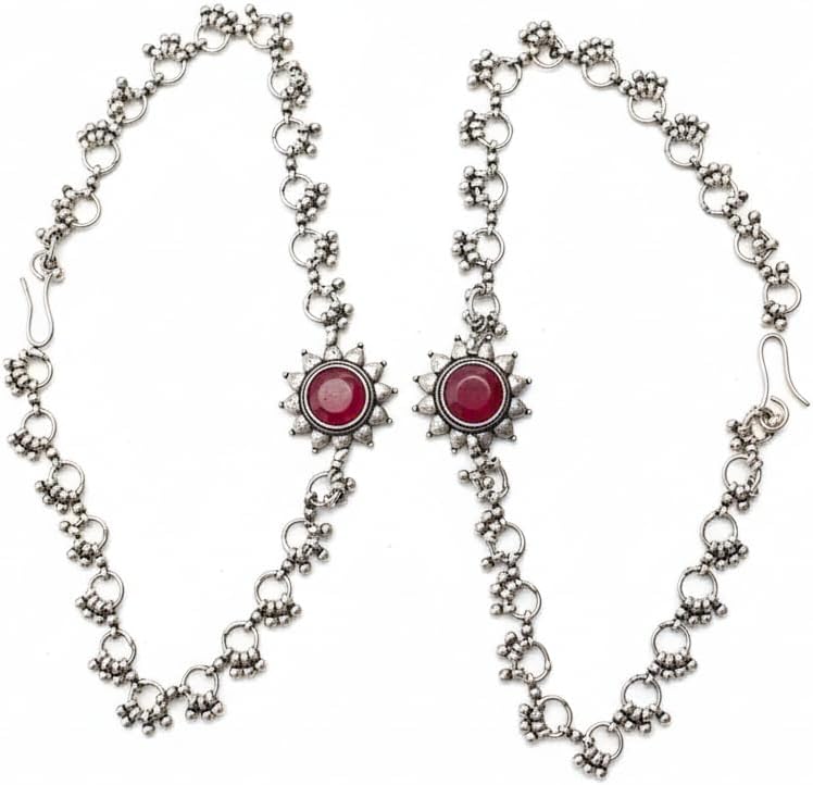 1517-Pretty Precious Oxidised Silver Anklet with Stone Embellishments, Twisted Chain Design, Decorative Clasp-Ruby Colour
