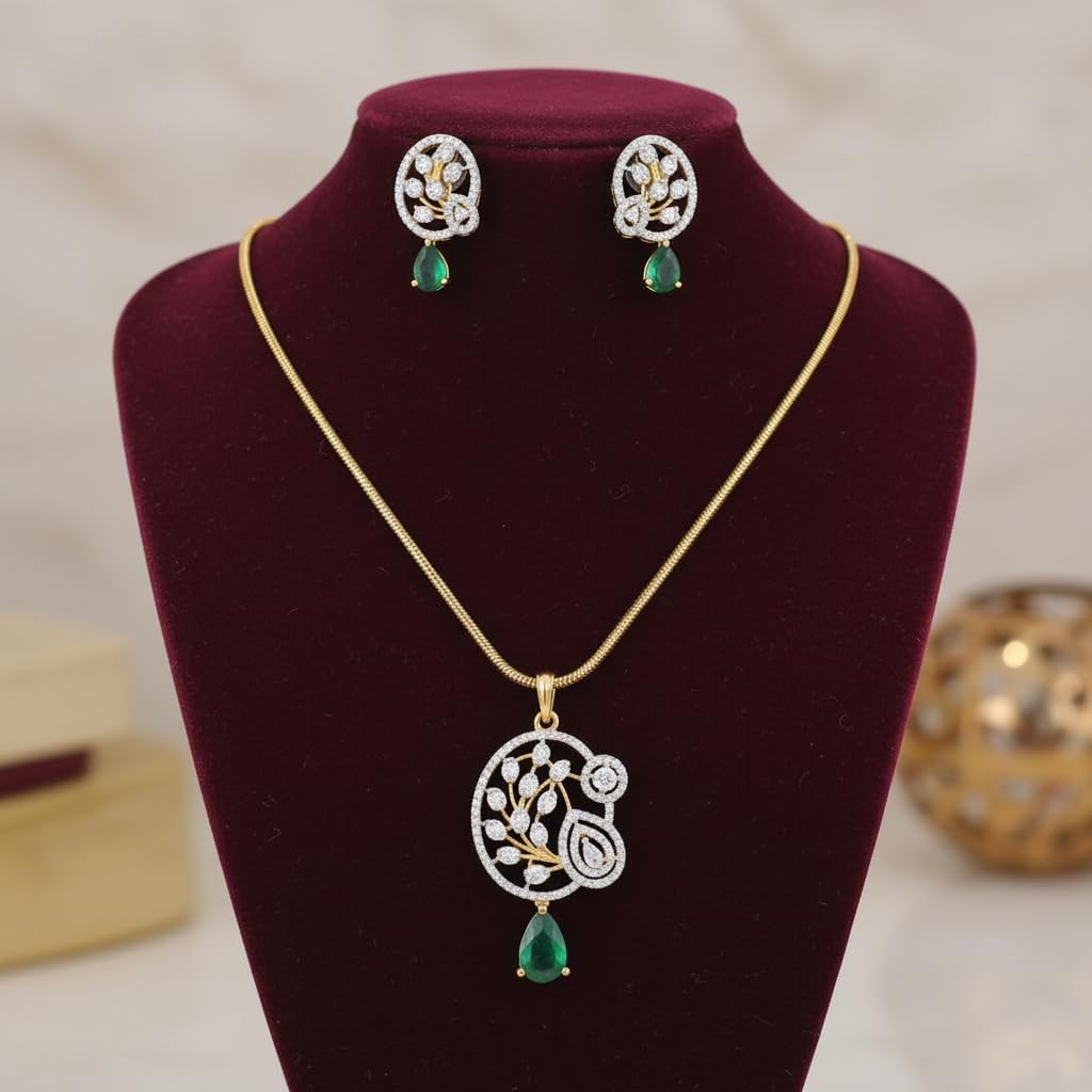 1387-Pretty Precious AD Two Tone Pendant Set for Women | American Diamond Pendant with Earrings & Chain | Elegant Party, Wedding & Daily Wear Jewellery-Green