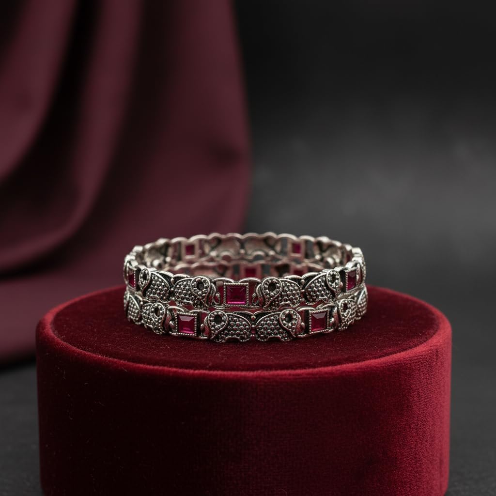 1508-Pretty Precious Oxidised Silver Bangles, Traditional Ethnic Style, Antique Finish, Size 2.4, 1 Pair, 2 Pieces-Ruby Stone