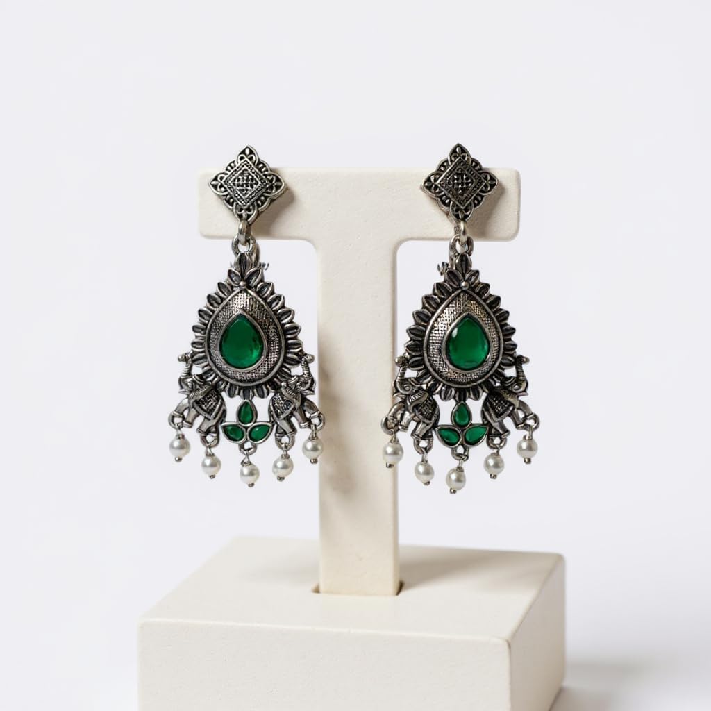 1359-Pretty Precious Oxidised Silver Stylish Party Wear Earrings for Women and Girls-Green Colour