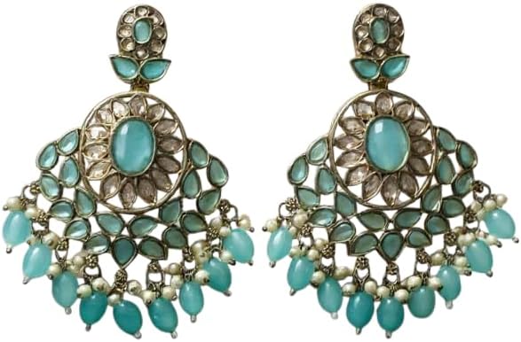 1341-Pretty Precious Traditional Kundan Earring Stylish Party Wear Earrings for Women and Girls-Mehndi Plating Aqua colour