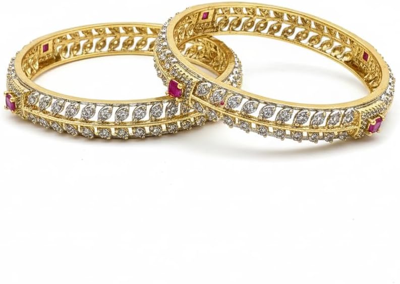 1476-Pretty Precious Two Tone Cubic Zirconia/American Diamond Traditional Bangles/Bracelet Set of 2 for Women and Girls- (Size 2.6)-Ruby