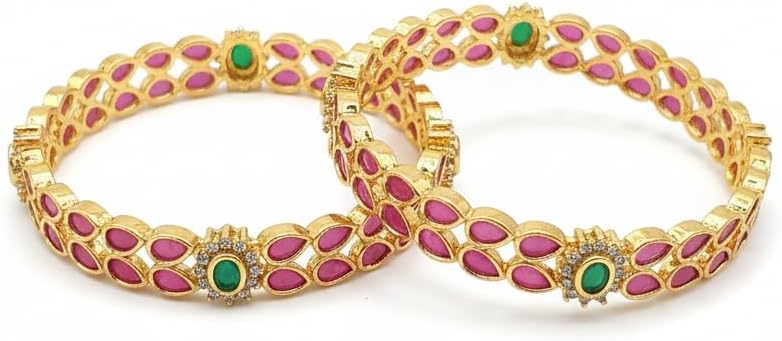 1494-Pretty Precious Gold Plated Cubic Zirconia/American Diamond Traditional Bangles/Bracelet Set of 2 for Women and Girls- Ruby Green (Size 2.6)