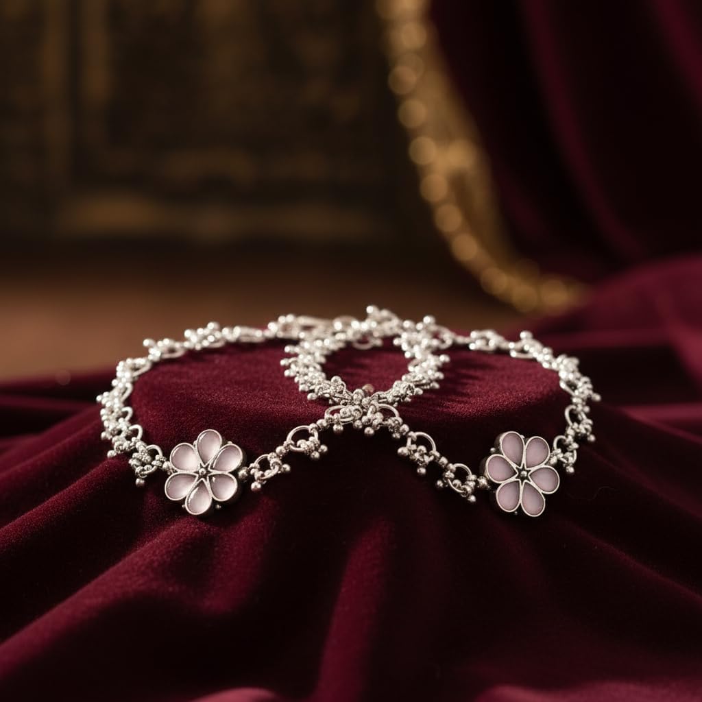 1518- Pretty Precious Oxidised Silver Anklet with Stone Embellishments, Twisted Chain Design, Decorative Clasp-Pink Colour